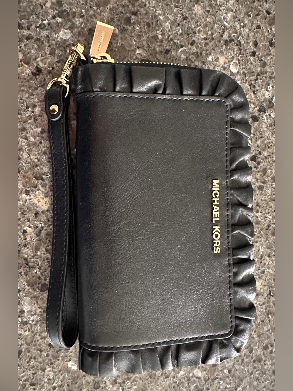 Michael Kors Black Leather Ruffle Wristlet Wallet with Gold Hardware